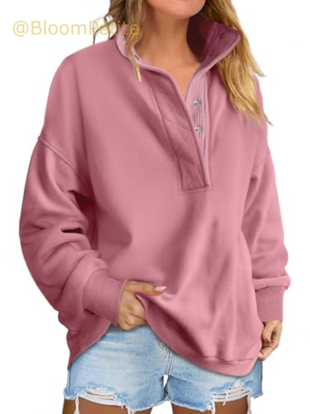 Oversized Mock Neck Henley Sweatshirt Drop Shoulder Loose Pullover
